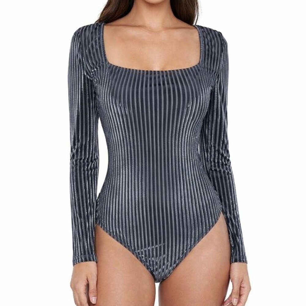 Sophie Rue Silver Metallic Striped Bodysuit Slate Gray Long Sleeve M